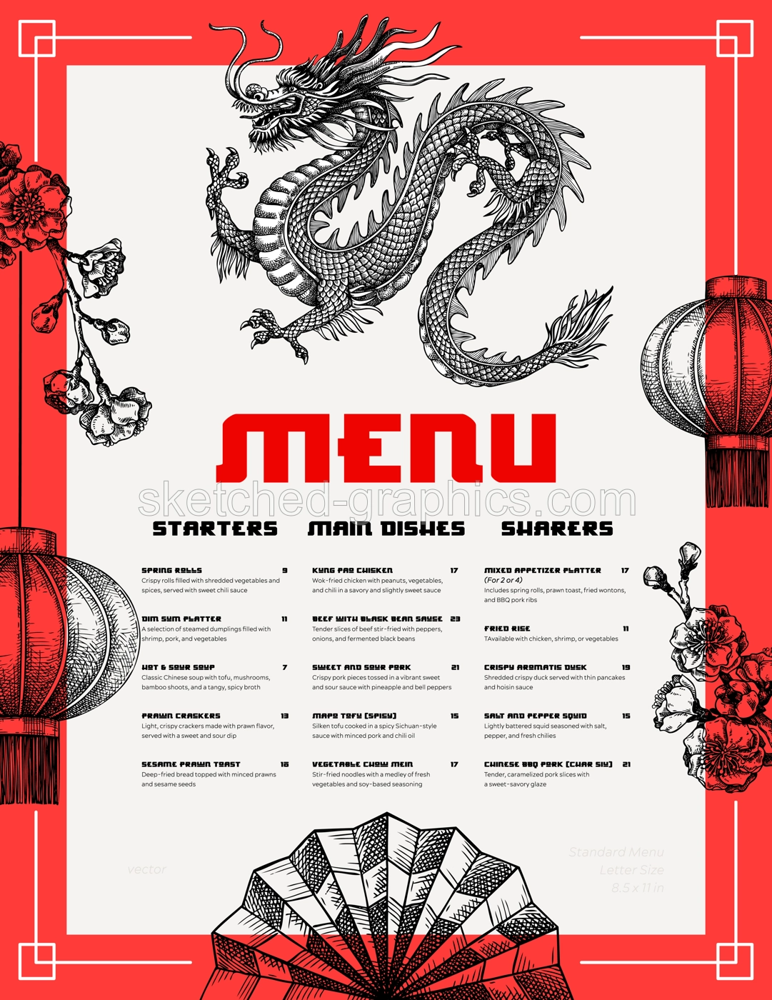 Chinese restaurant menu design template. Fantasy dragon sketch. Hand drawn vector illustration.  Illustration